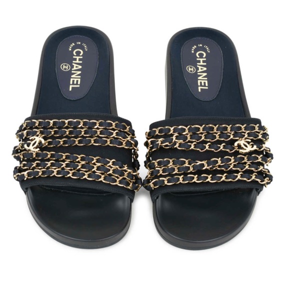 CHANEL Shoes - CHANEL navy slides gold chain and CC charms.